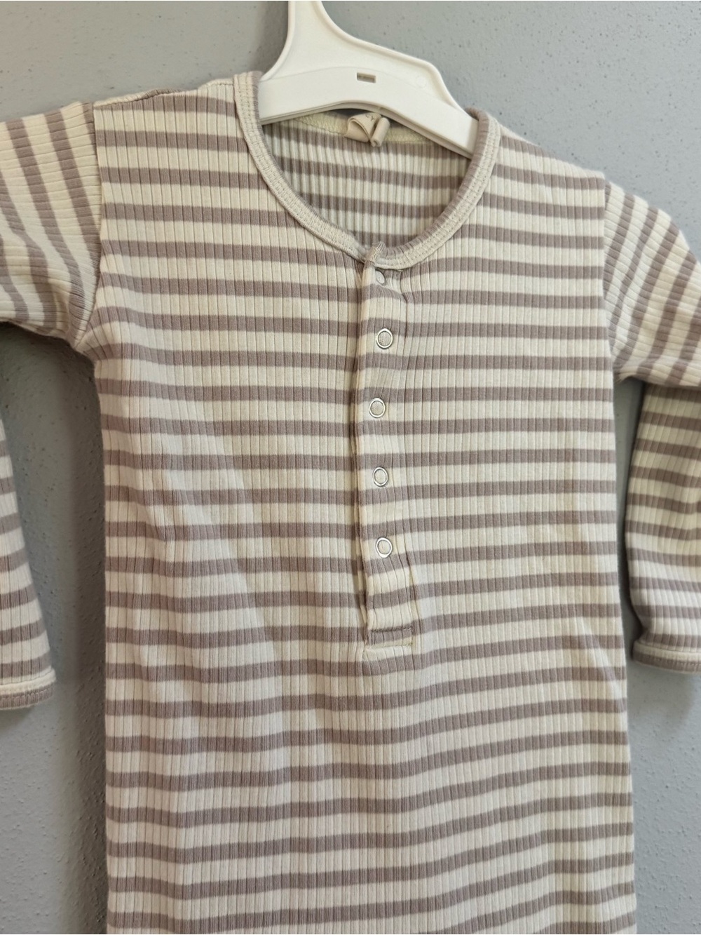 Quincy Mae Tan Striped Ribbed Organic Cotton Henley Jumpsuit 12-18M
